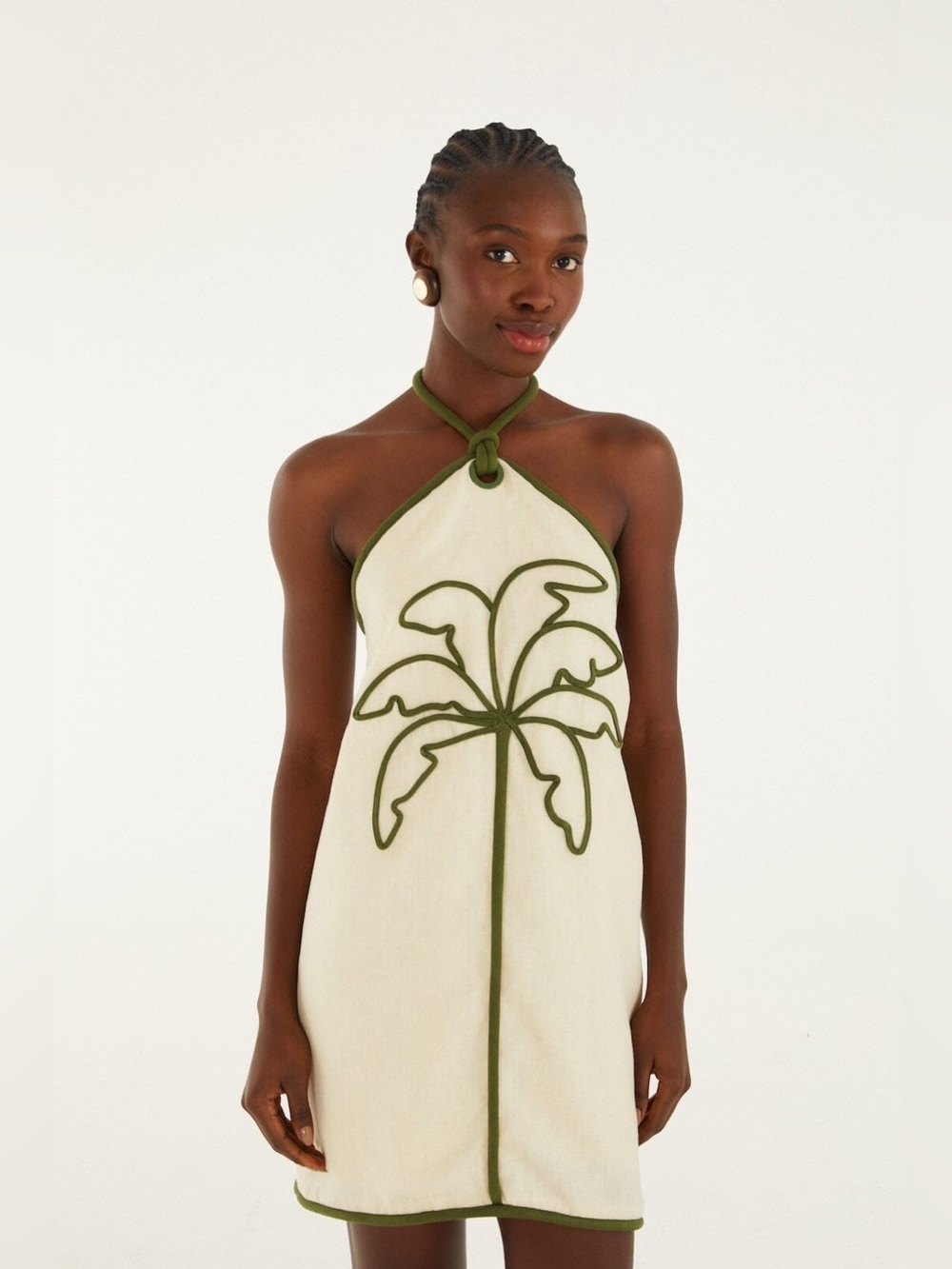Farm Rio Sand Coconut Embroidery Halter Neck Mini Dress - Picture 2 of 7